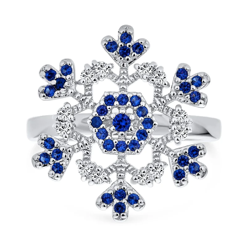 Colorful Gemstone Wedding Rings-Winter Holiday Silver Ring with Blue & Clear Cubic Zirconia Snowflake Design