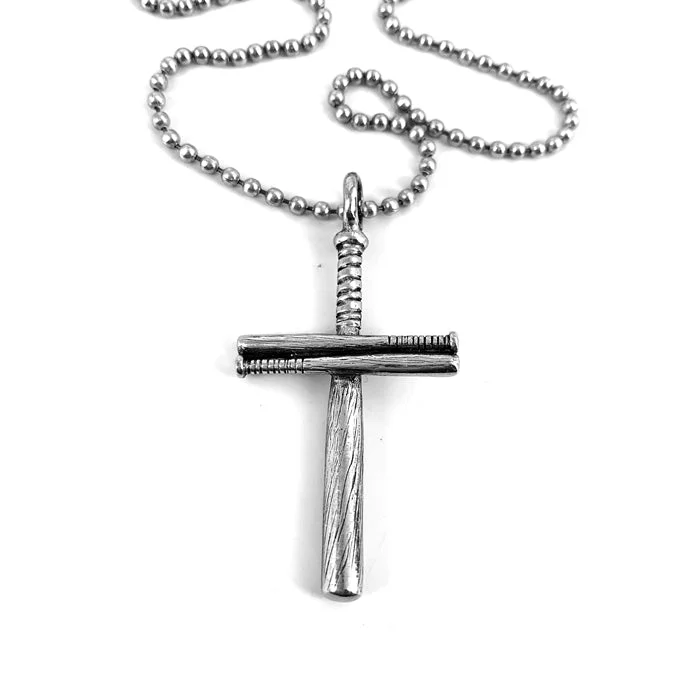 Trendy Silver Necklaces-Baseball Bat Cross On Ball Chain Necklace Antique Pewter Softball