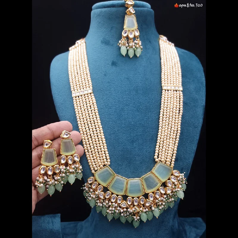 Classic Gold Pendant Necklaces-JCM Gold Plated Kundan & Beads Long Necklace Set