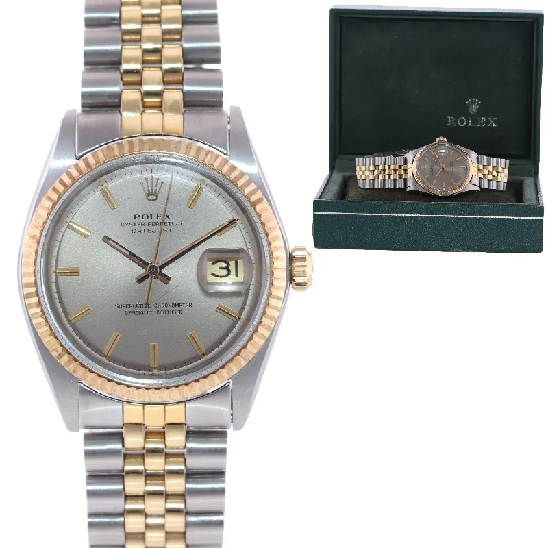 Men’s Watches with Military Style-VTG Rolex DateJust 1601 Grey Pie Pan Dial Two Tone Gold Steel Jubilee Watch