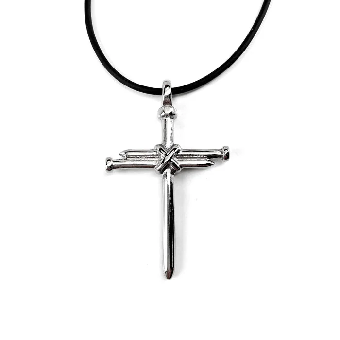 Bohemian Gemstone Necklaces-Nail Cross Rhodium Finish Black Rubber Necklace