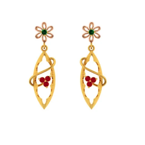 Oval Gemstone Earrings-22k Gold Earrings With Green And Red Stones Embedded Into Feminine Design