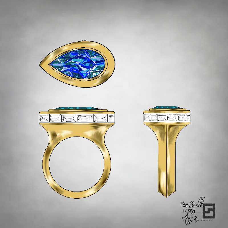 Wedding Rings with Colored Stones-SHIELD BEZEL SET PEAR SHAPED BLUE TOURMALINE RING