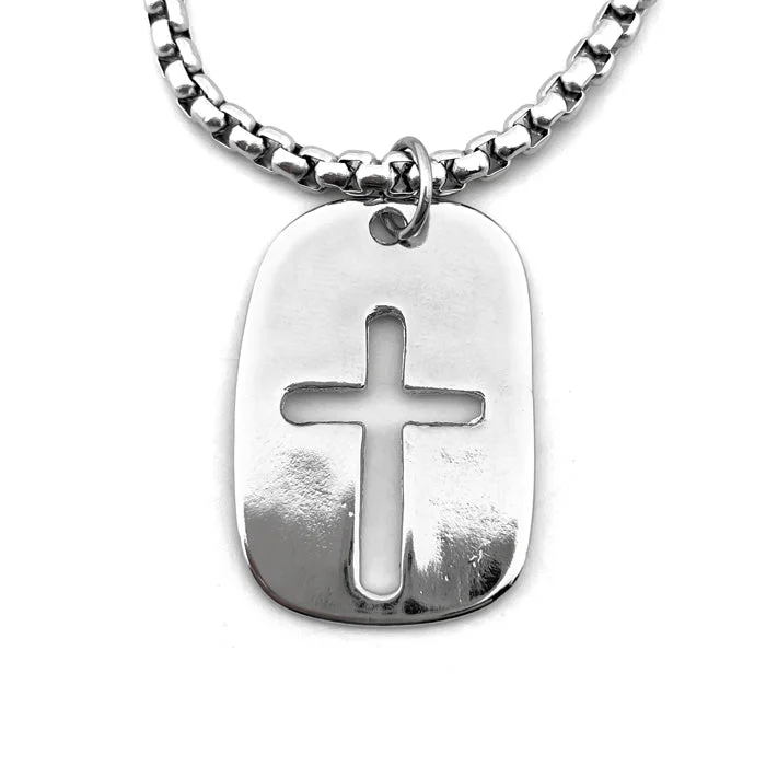 Bold Statement Chain Necklaces-Cross Tag Rhodium Finish Heavy Chain Necklace