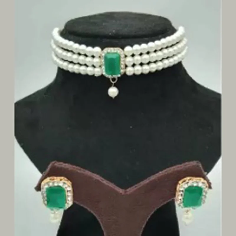 Trendy Silver Necklaces-Shrishti Fashion Desirable White Pearl Centre Green Crystal Choker Necklace Set