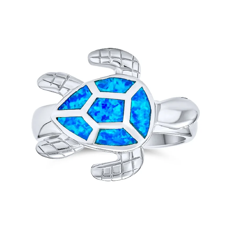 Luxury Diamond Rings-Nautical Silver Ring with Iridescent Blue Opal Turtle Design Sterling