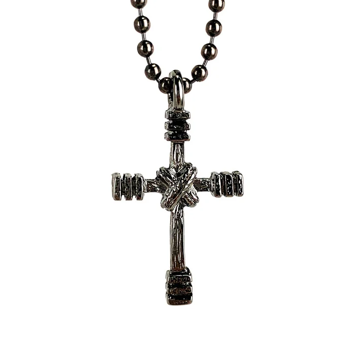 Beaded Tribal Necklaces-Rugged Cross Necklace Ball Chain Gunmetal Color Finish