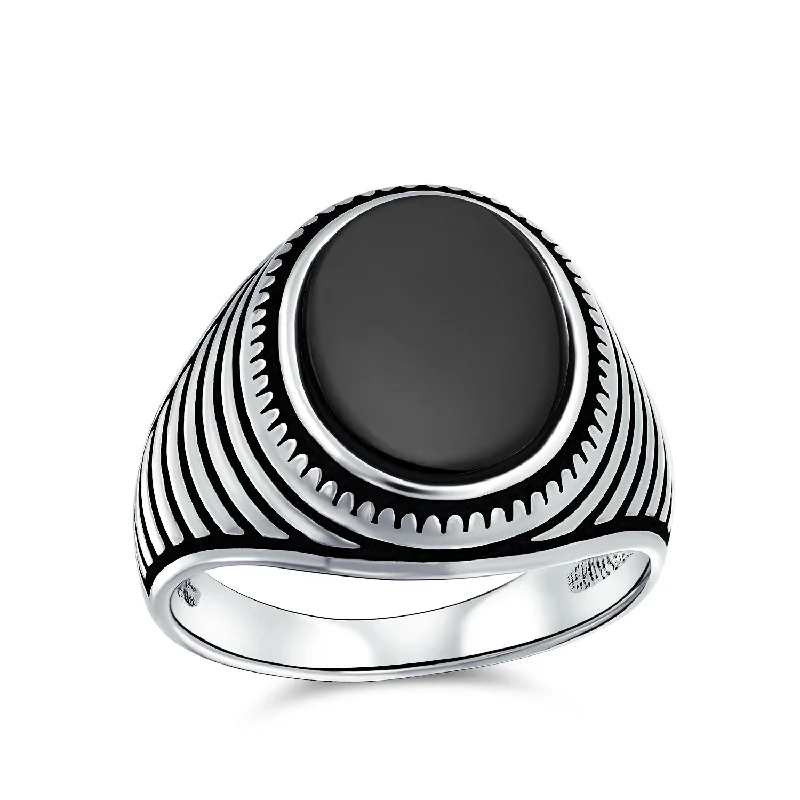 Emerald Engagement Rings-Mens Retro Stripe Gemstone Statement Oval Onyx Signet Ring Silver