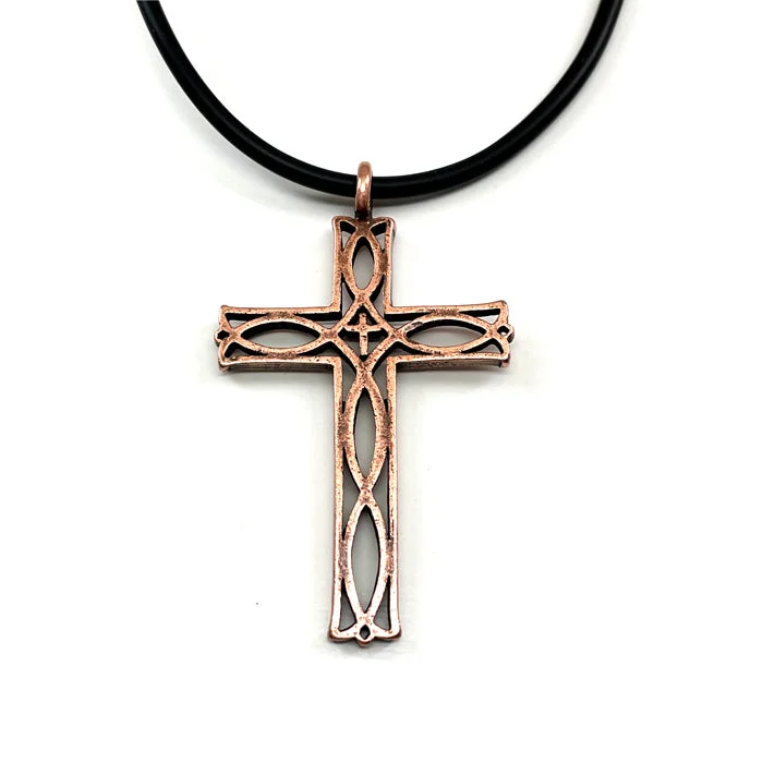 Sparkling Swarovski Necklaces-Cross Ichthus Fish Antique Copper Necklace