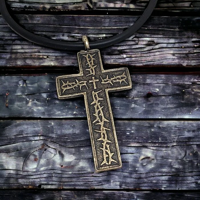 Stylish Layered Necklaces-Thorns Cross Antique Brass Finish Pendant Black Cord Necklace