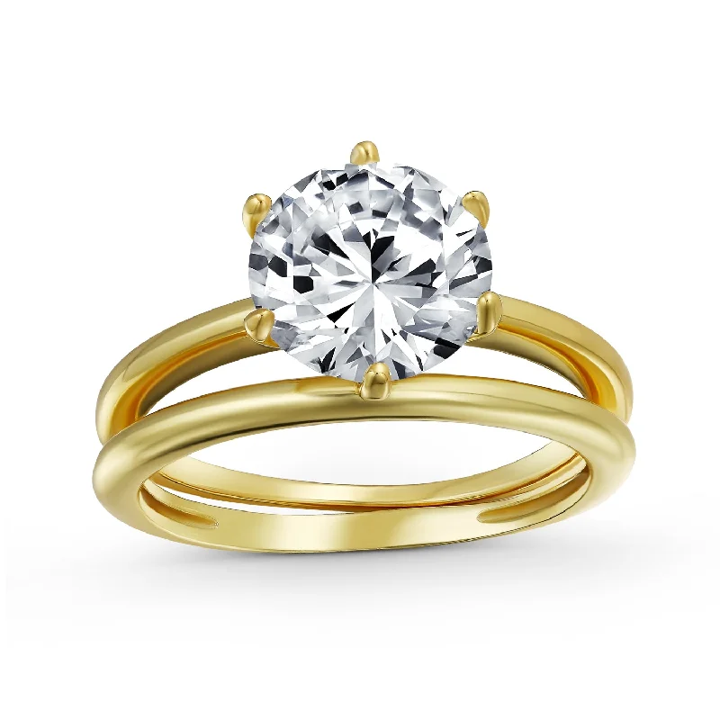 Custom Wedding Rings with Names-Traditional Etoile Cocktail Statement Ring 3CTW Round Solitaire 6 Prong CZ Yellow Gold