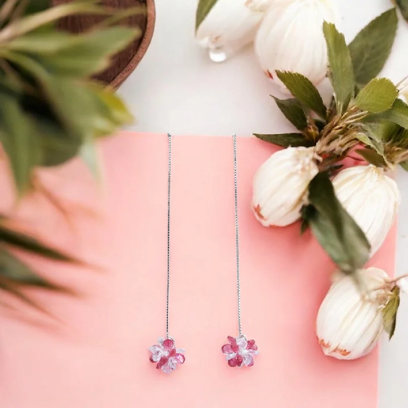 Crystal Drop Earrings-Sterling silver Floral chain drop earrings for women and girls