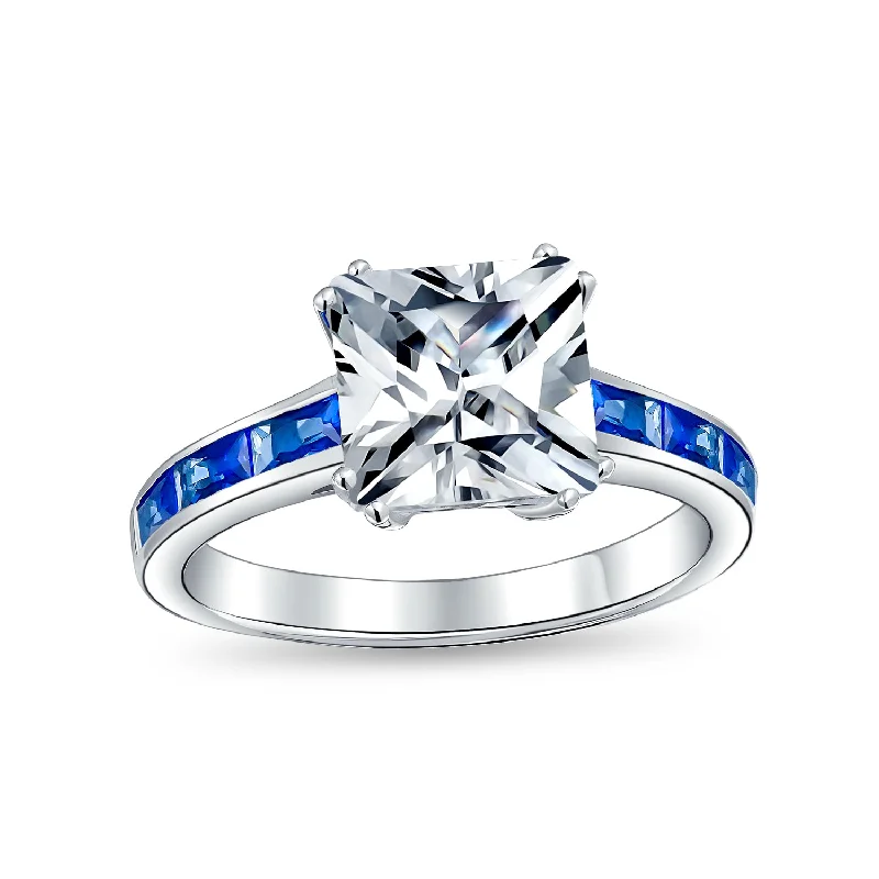 Handmade Gold Rings-Classic Art Deco 3CT CZ Princess Cut Engagement Ring with Sapphire Blue Band