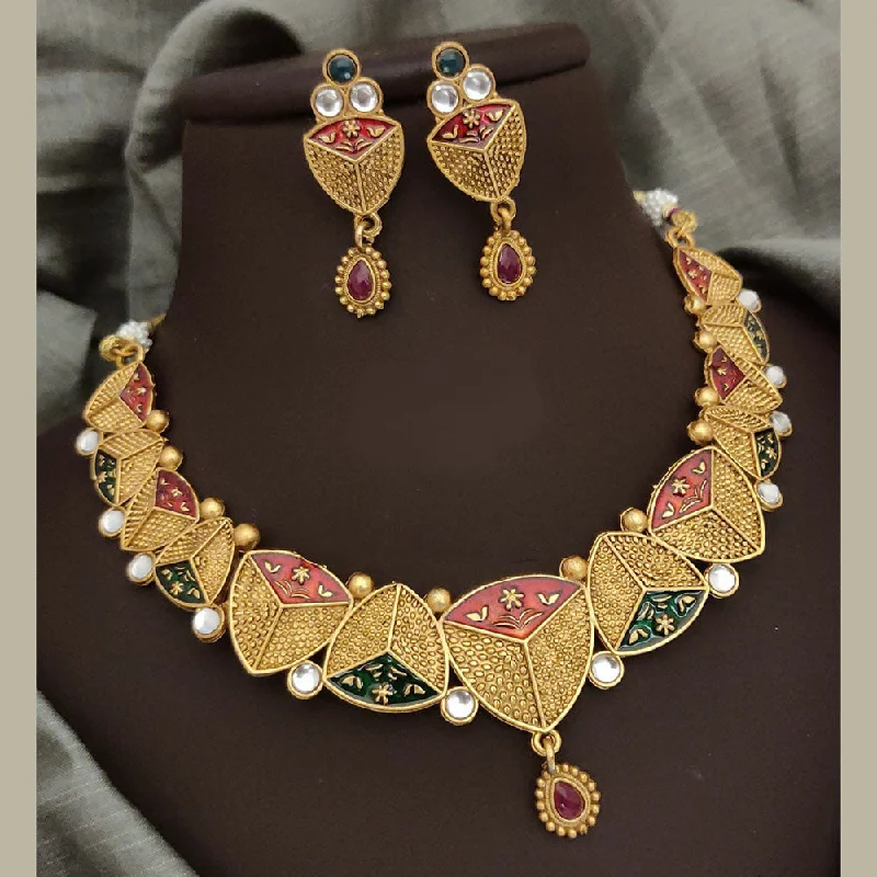 Beautiful Gemstone Necklaces-FS Collection Gold Plated Pota Stone And Meenakari Necklace Set