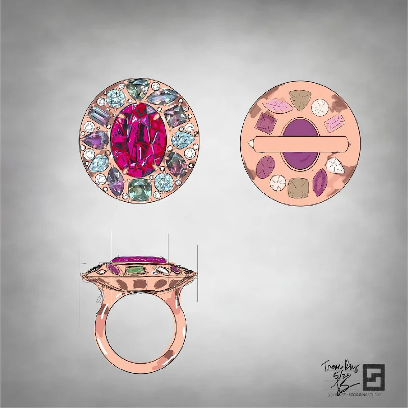 Wedding Rings with Diamonds-TROVE GYPSY SET RING WITH GARNET AND BICOLORED TOURMALINE HALO