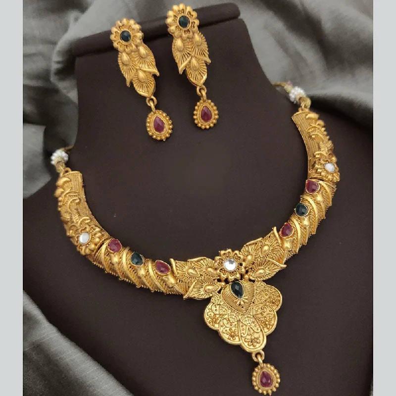 Elegant Diamond Necklaces-FS Collection Gold Plated Pota Stone Necklace Set