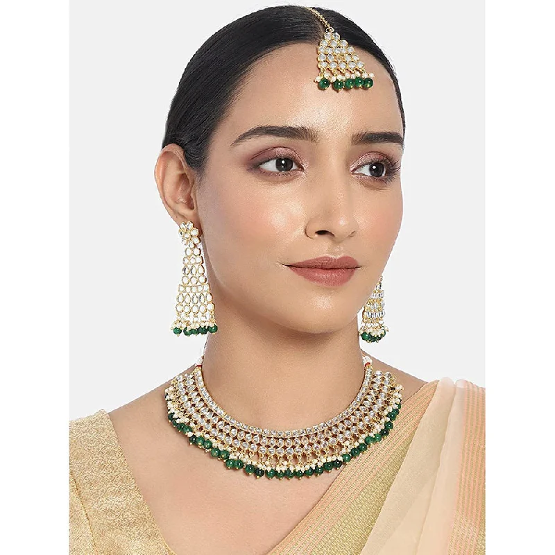 Handcrafted Silver Necklaces-Etnico Traditional Gold Plated Handcrafted Stone Studded & Pearl Necklace Set with Earrings & Maang Tikka for Women (M4111G)