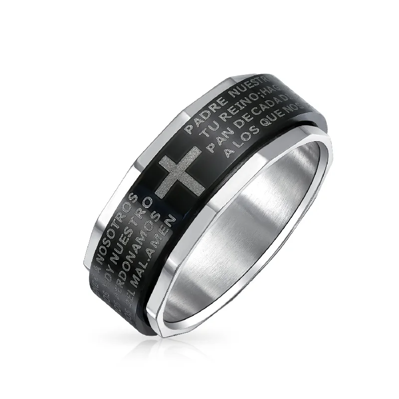 Custom Wedding Rings with Birthstones-Mens Stainless Steel Religious Cross Black Spinner Band Ring - Lords Prayer Design