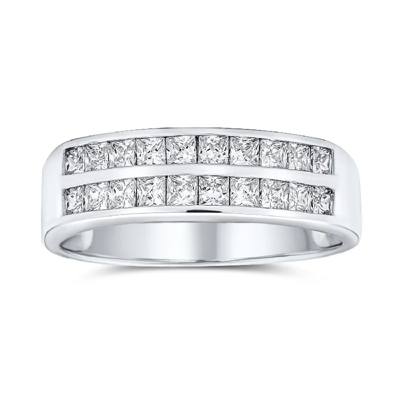 Personalized Wedding Rings-Cocktail Statement Ring: Two Row CZ Channel Set Princess Cut Anniversary Band 925 Silver