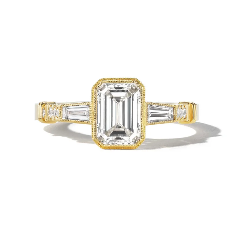 Rose Gold Wedding Rings-EMERALD CUT DIAMOND ENGAGEMENT RING WITH BAGUETTES AND MILGRAIN