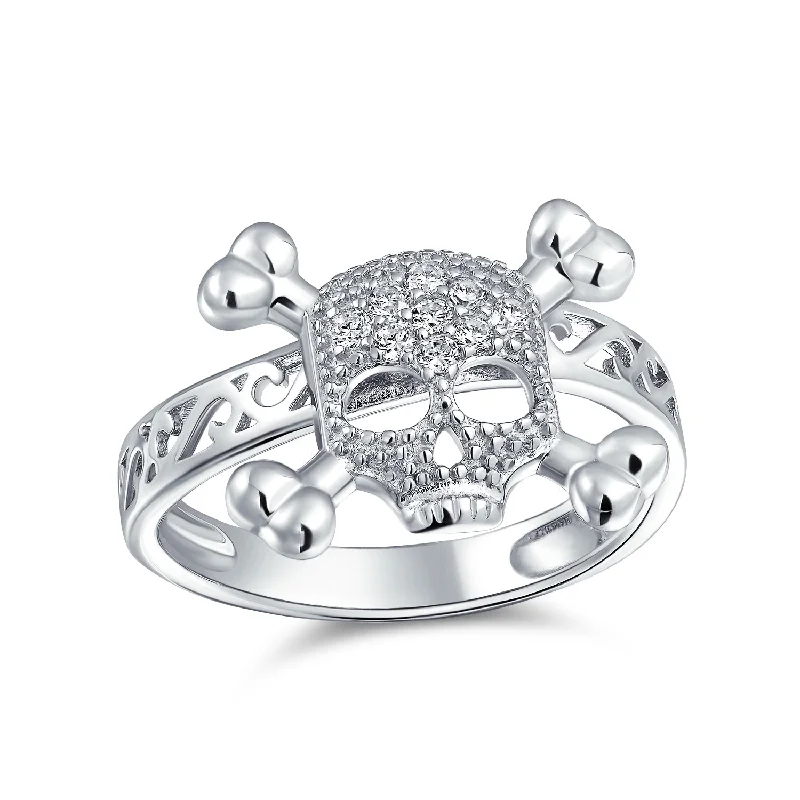 Custom Wedding Bands-Cocktail Statement Ring: CZ Pirate Skull Crossbones for Punk Goth in Sterling Silver