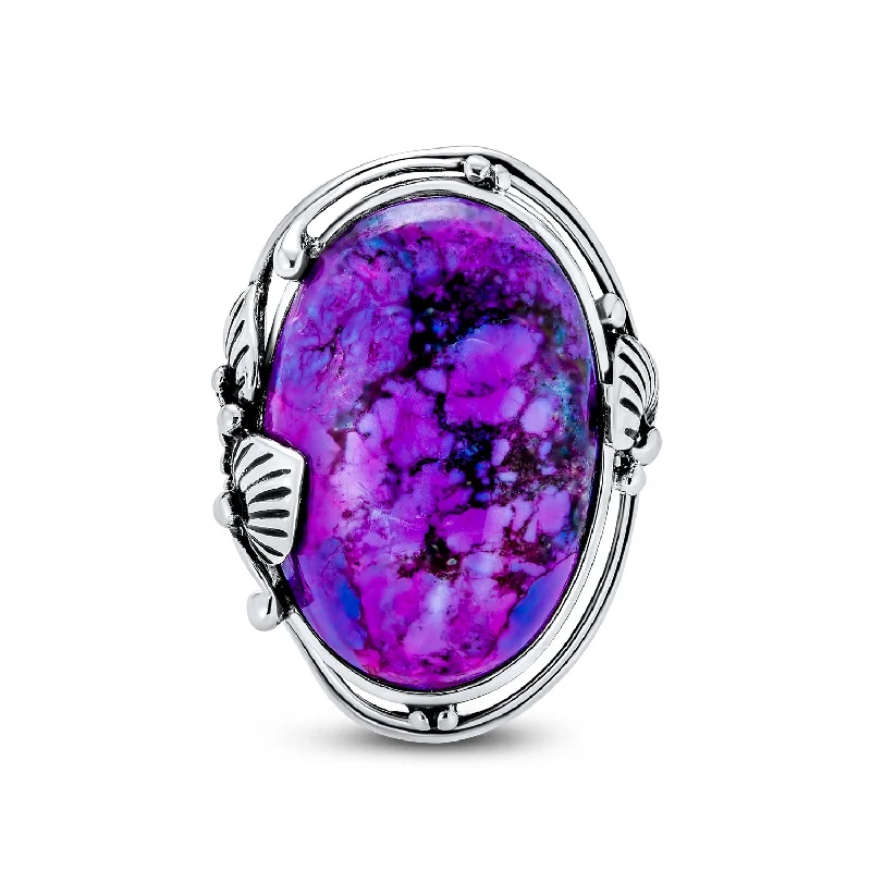 Luxury Ruby Rings-Southwest Boho Silver Ring with Large Dome Oval Cabochon Gemstone Bezel Leaf