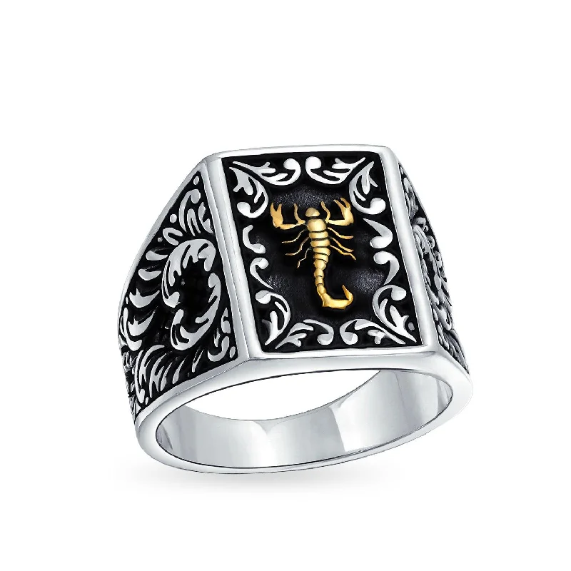 Designer Wedding Rings-Mens Silver Ring Zodiac Scorpion Signet Statement Black Two Tone Brass Patina 925 Silver