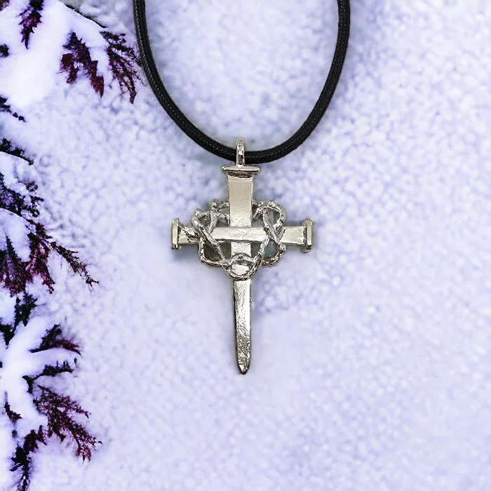 Black Crystal Necklaces-Crown Of Thorns Nail Cross Large Rhodium Metal Finish Pendant Black Cord Necklace