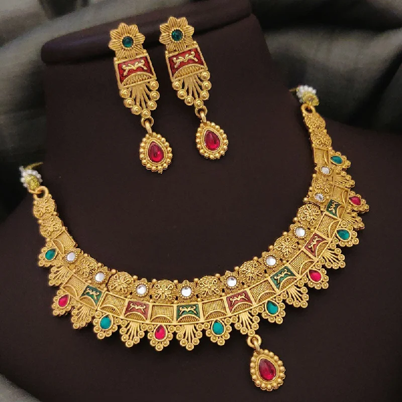 Personalized Gold Necklaces-FS Collection Gold Plated Pota Stone And Meenakari Necklace Set