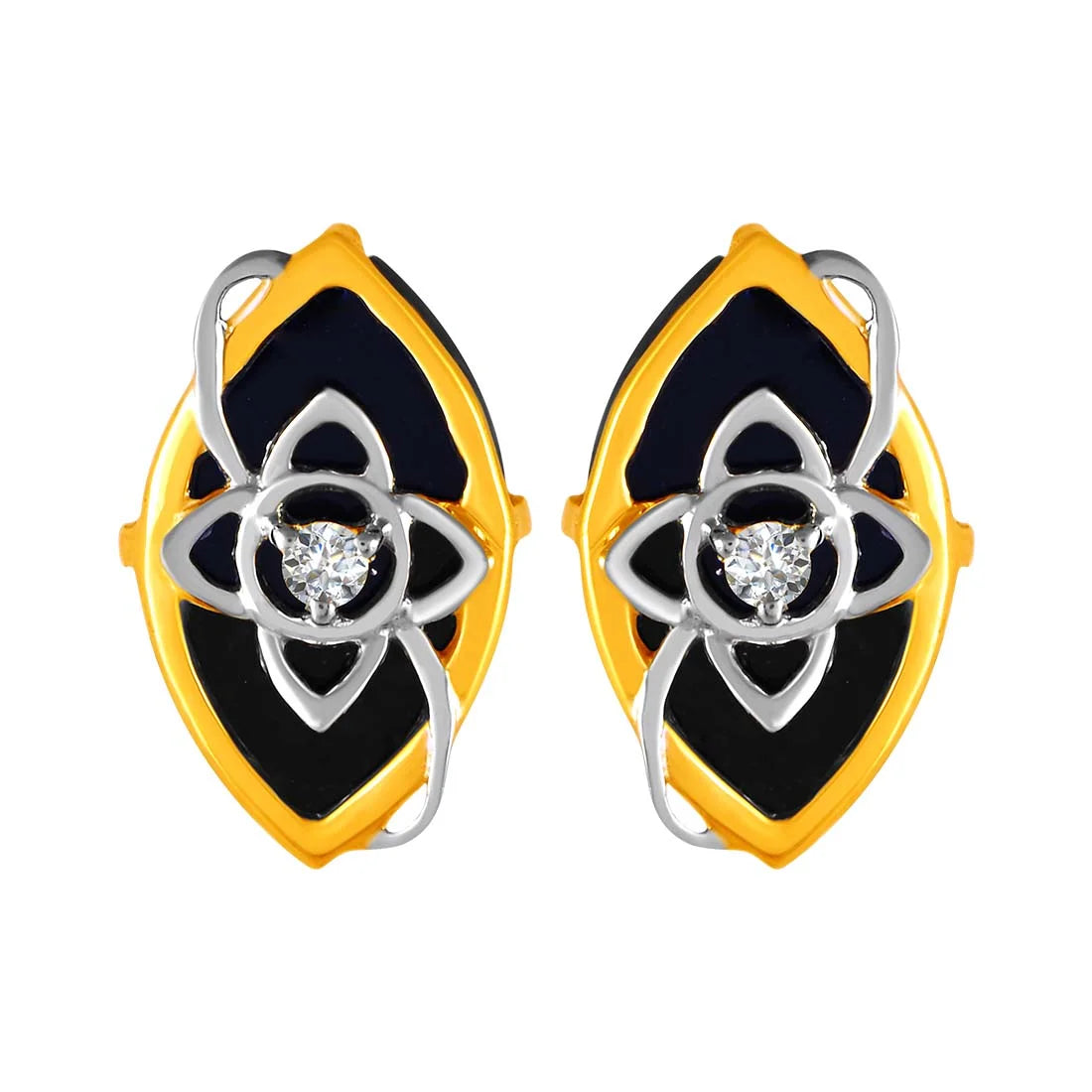 Chunky Earrings for Parties-14KT (585) Yellow Gold & Diamond Black Leaf Stud Earrings