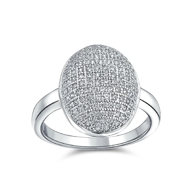 Modern Engagement Rings-Holiday Party Silver Cocktail Statement Ring with Cubic Zirconia Oval Pave Dome