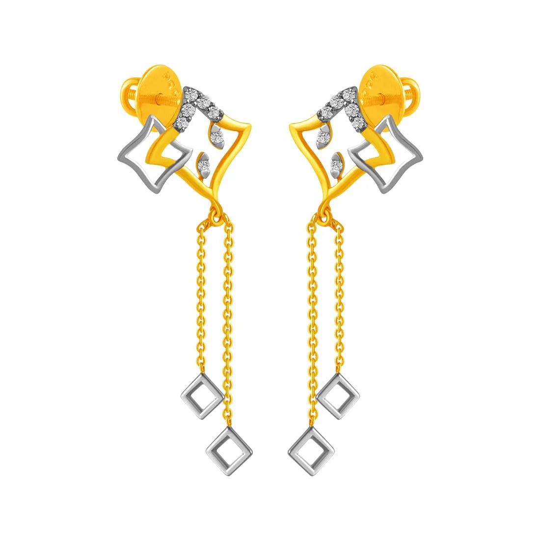 Silver Hoops Earrings-14KT (585) Yellow Gold & Diamond Dangle Earrings with Minimal Design