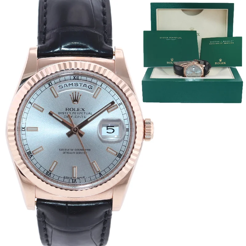 Stylish Watches with Gemstones-Rolex Day-Date 36mm Silver Stick  18K Rose Gold Leather Sunburst 118135 Watch