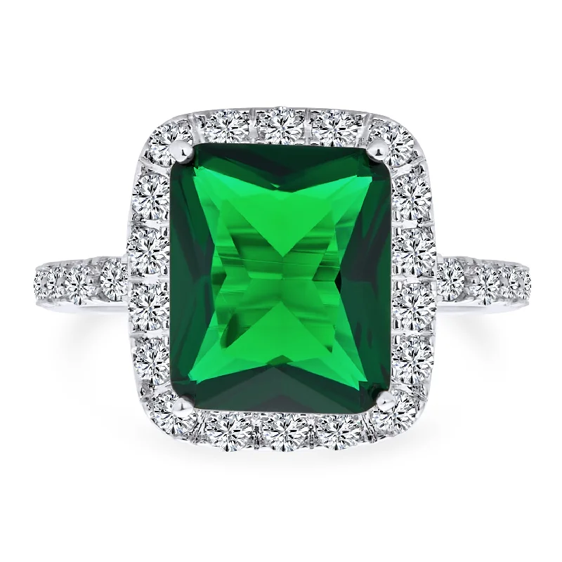 Dainty Engagement Rings-Fashion Rectangle Solitaire CZ Pave Halo Emerald Cocktail Statement Ring Silver