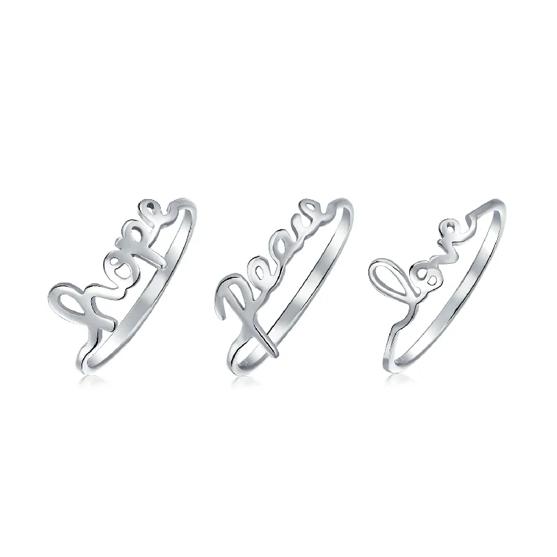 Simple Promise Rings-Sterling Silver Ring Set with Peace Love Hope Inspirational Words