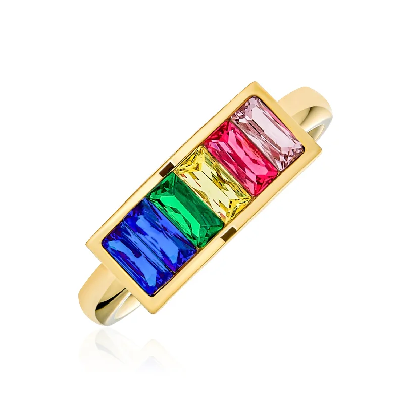 Silver Infinity Rings-Mens Stainless Steel Gold Tone Rainbow Ring with Princess Cut Square CZs for LGBTQ