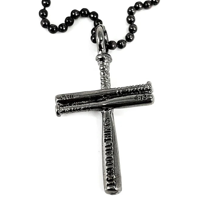 Small Pendant Necklaces-Baseball Bat Cross Gunmetal Finish Small Necklace