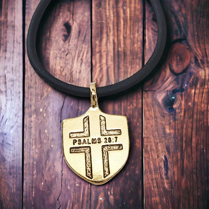 Customized Jewelry Necklaces-Psalms 28:7 Shield Gold Metal Pendant Black Cord Necklace