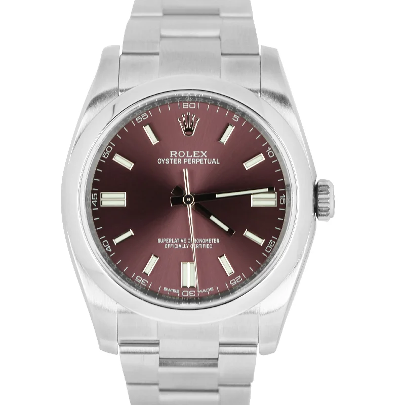 Classic Gold Watches with Leather Bands-MINT Rolex Oyster Perpetual Red Grape 36mm Stainless 116000 Watch