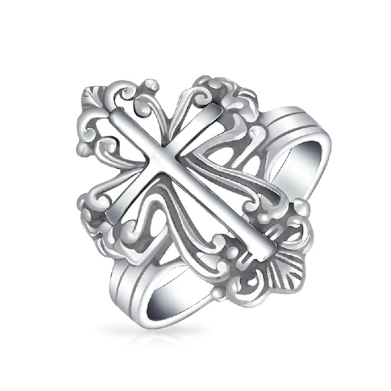 Titanium Wedding Rings-Vintage Style Fleur De Lis Cross Silver Ring for Men Oxidized Sterling