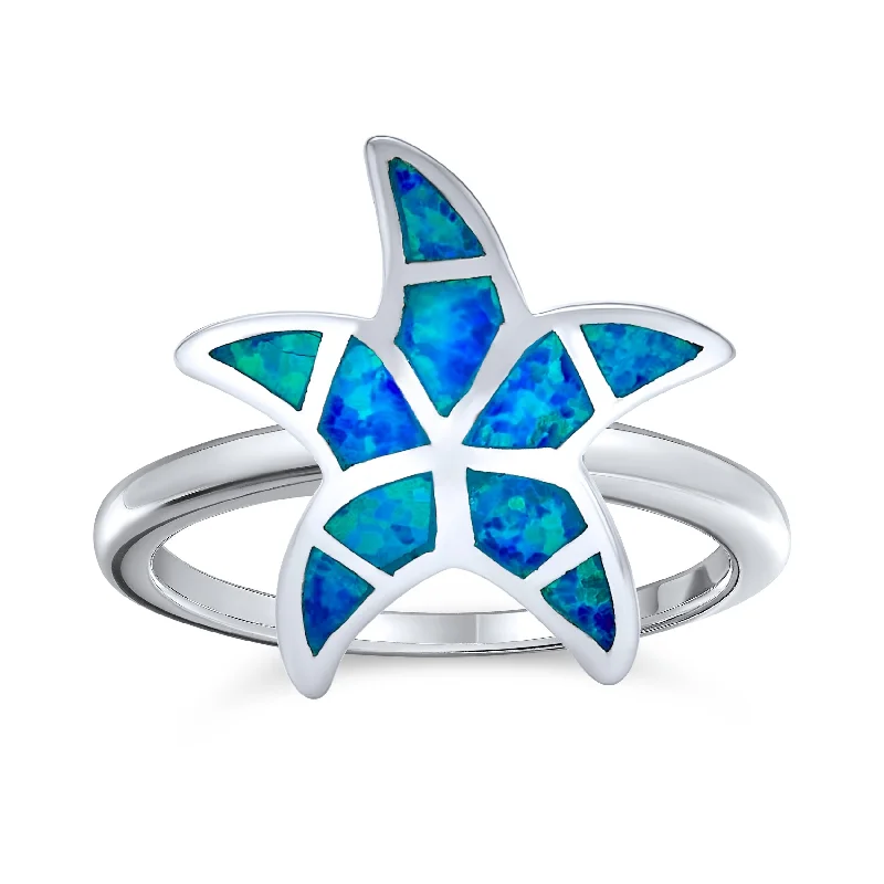 Stackable Engagement Rings-Silver Ring with Nautical Tropical Blue Opal Inlay and Starfish Design