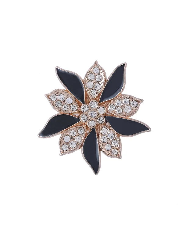 Unique Brooch for Fashion Lovers-Unique Brooch for Fashion Lovers-Golden with Black Enamel Diamond Flower Brooch Pin