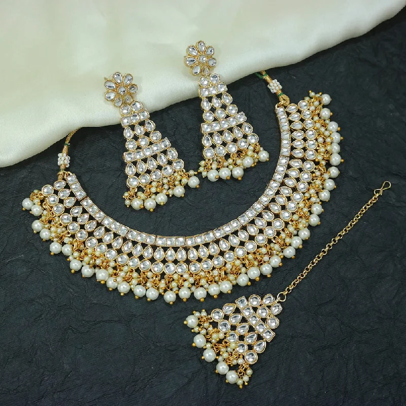 Silver Feather Necklaces-Etnico Gold-plated and Pearl Necklace Set With Maang Tika & Earrings for Women (White)