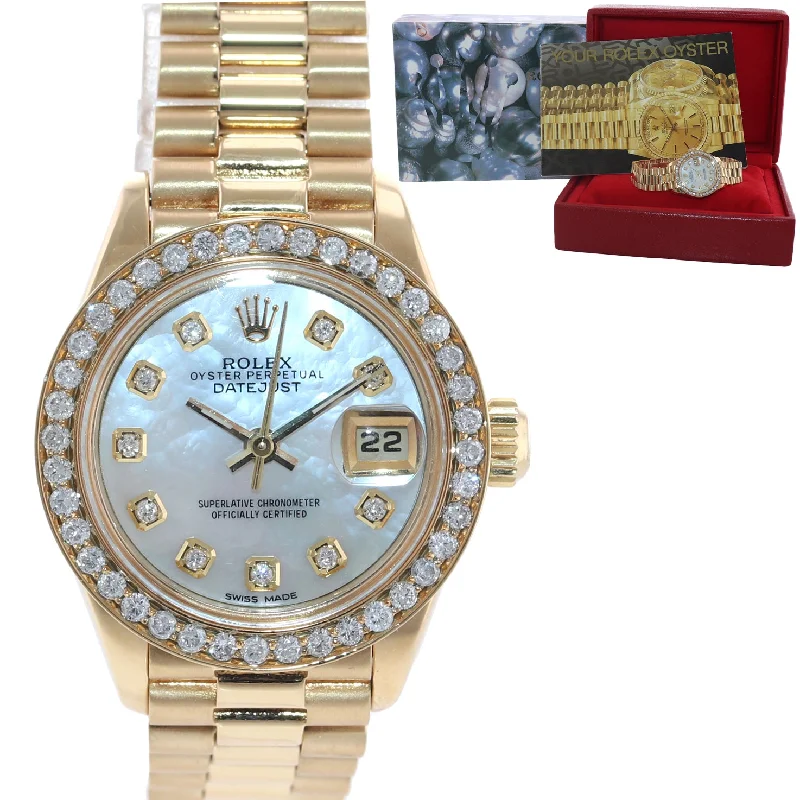 Customizable Watch Bands-DIAMONDS Ladies Rolex DateJust President 26mm MOP 6917 18k Yellow Gold Watch