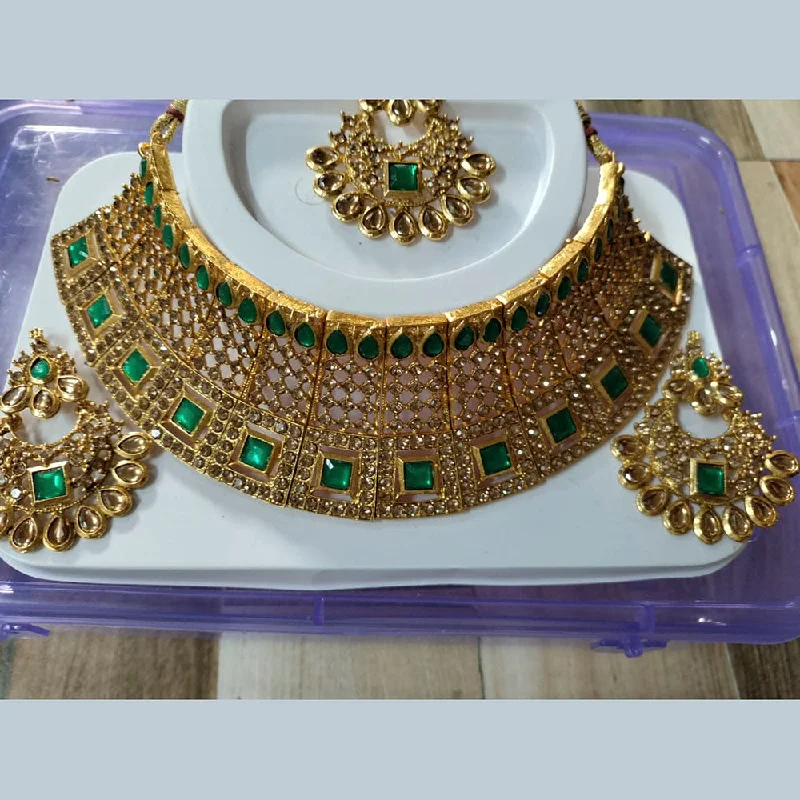 Custom Engraved Necklaces-Neetu Art Gold Plated Kundan Stone Choker Necklace Set With Maangtikka