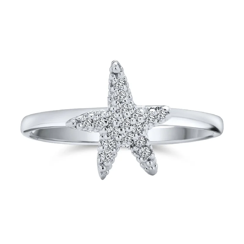 Designer Silver Rings-Cocktail Statement Ring: Pave CZ Starfish on Sterling Silver Nautical Beach Style