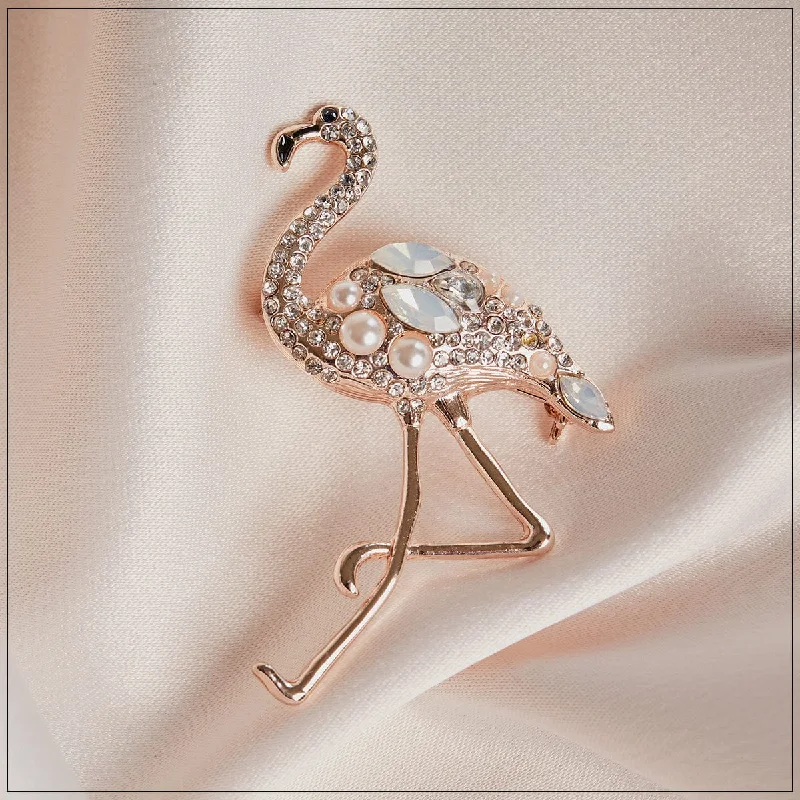 Classic Silver Brooch with Pearl Inlay-Classic Silver Brooch with Pearl Inlay-Flamingo Brooch