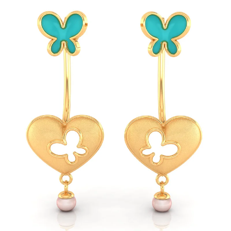 Multi-Tone Earrings-14k Heart-shaped Dangler Gold Earrings With Butterflies And Pearl Drop