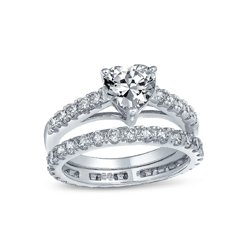 Handmade Engagement Rings-Cocktail Statement Ring: 1CT CZ Heart Shaped Anniversary Wedding Engagement Band Set