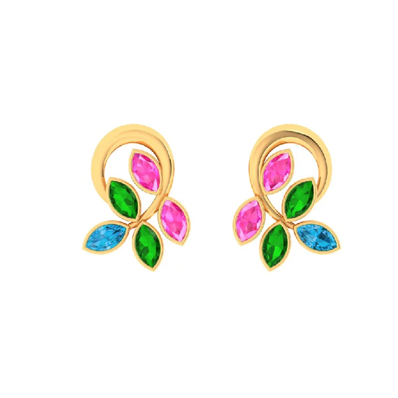 Floral Earrings for Women-14k Uniquely Shaped Leafy Gold Stud Earrings With Multi-coloured Stones